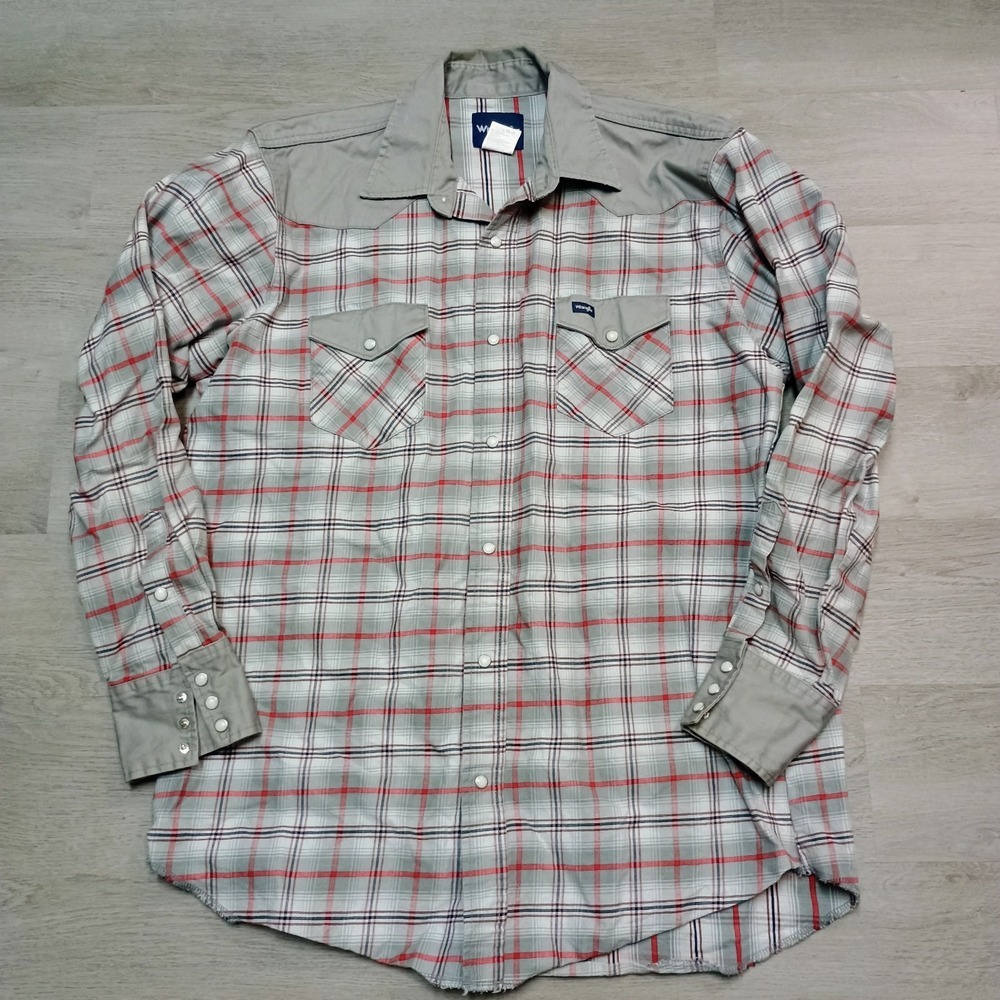 Wrangler Brush popper Western Grey Red Plaid Pearl Snap XL Tall
